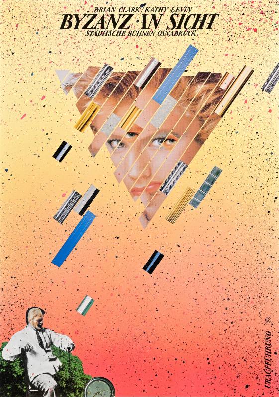 A poster of a white woman's face made out of colorful rectangles