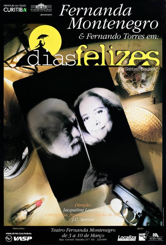 A poster of a smiling woman and a scowling man on a black and yellow background