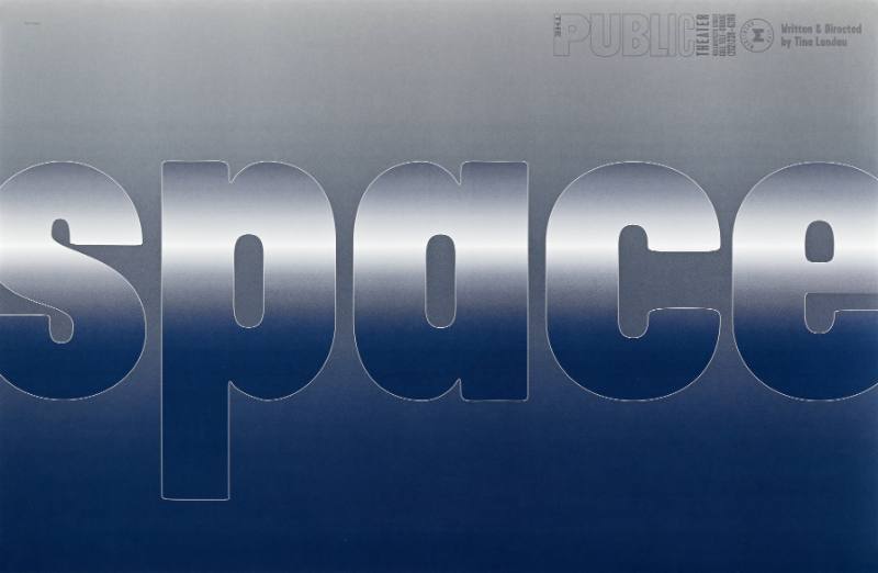 A poster of large grey and blue gradient text on a grey and blue background