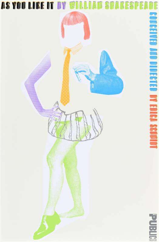 A poster of a person in a disjointed outfit and wig with every part of their body colored in a different color