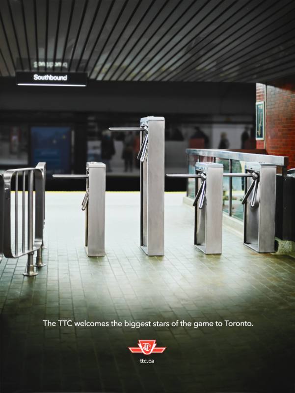 A poster of four subway turnstyles; one is much taller than the others