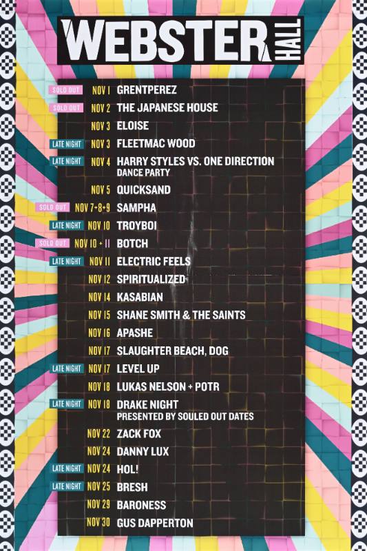 A poster of white text on a striped colorful background