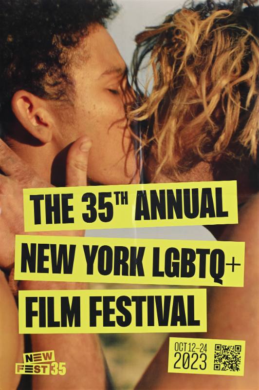 A poster of two white men kissing with yellow and black text over top of them