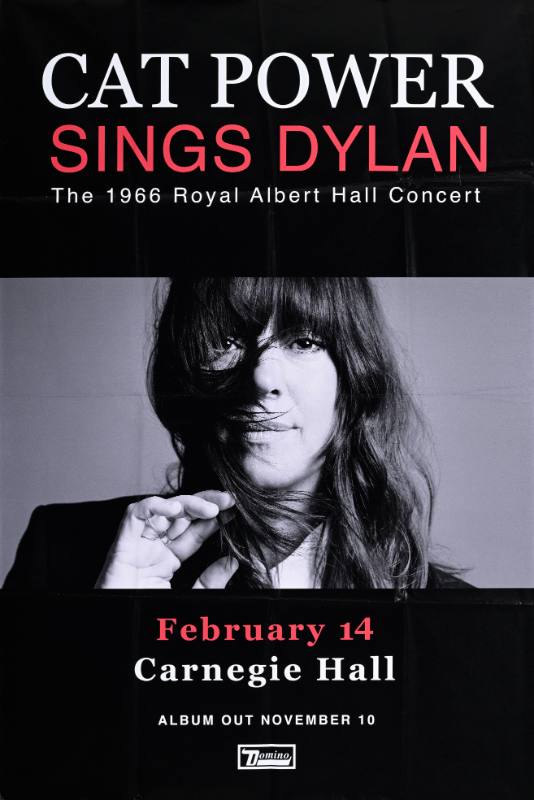 A poster of a white woman with dark hair with bangs with a neutral expression