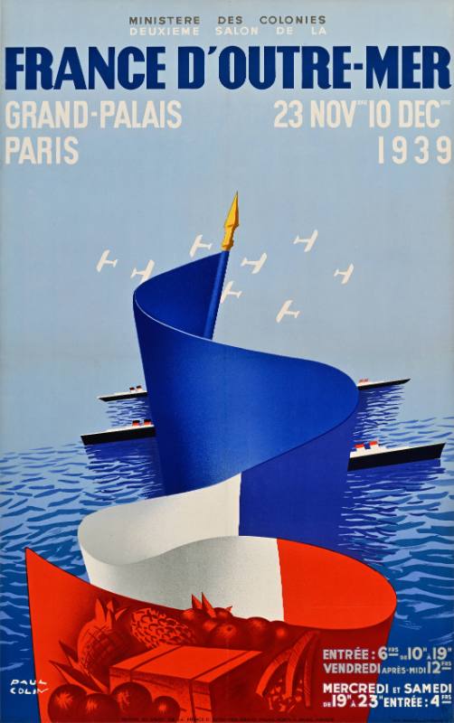 A poster of a striped flag twisting across an ocean filled with boats