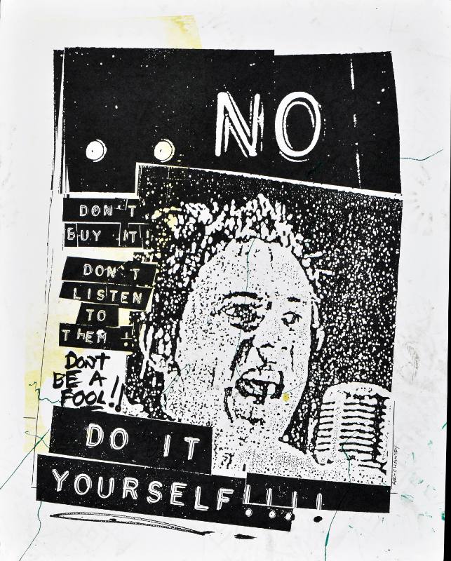 A poster of a man singing into a microphone with bold text covering him