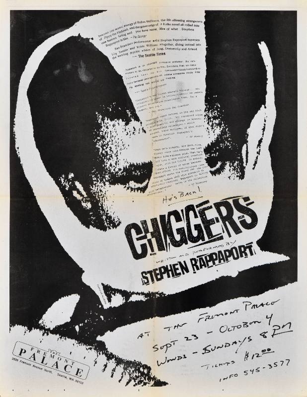 A poster of a man's face covered by blank white spots