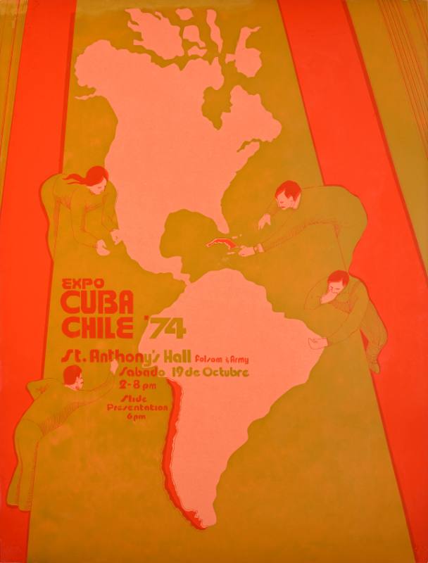 A poster of a group of artists painting a map of North and South America with Cuba and Chile colored in red