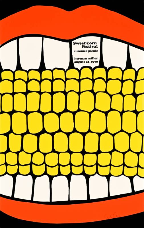A poster of a close up view of an ear of corn inside a pair of red lips
