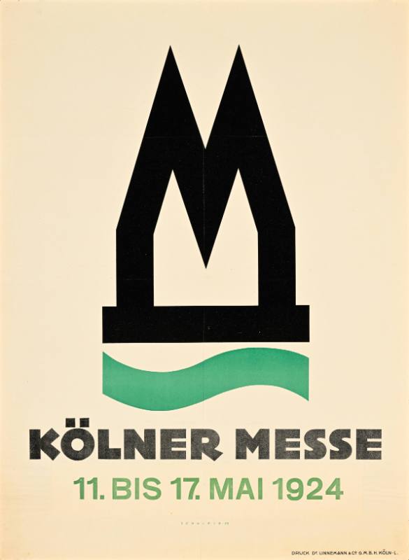 A poster of an abstracted building with two peaks over a wavy green line