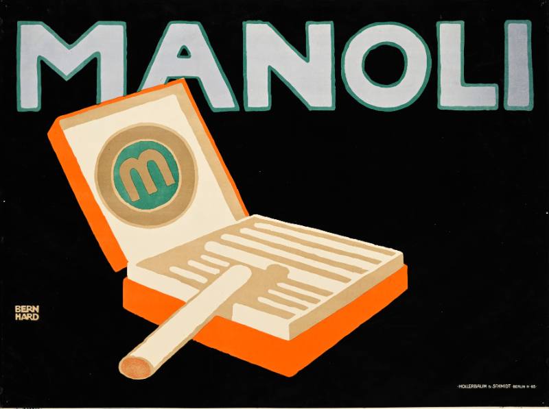 A poster of an open cigarette box below green and silver text on a black background