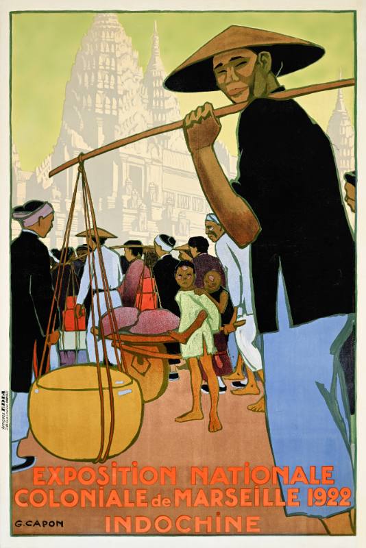 A poster of Asian men and women wearing cone shaped hats carrying buckets in a busy street
