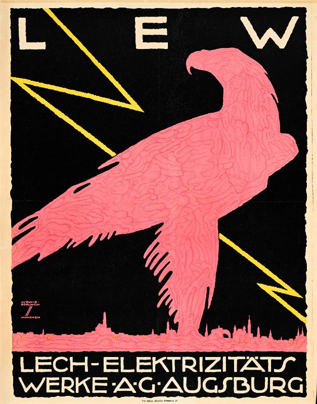 A poster of a large eagle with a lightning bolt striking behind it