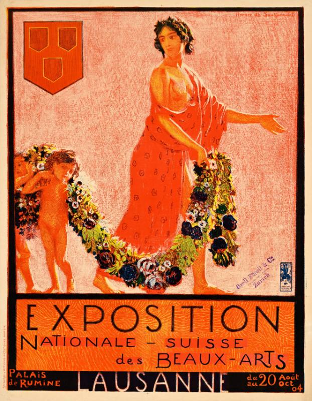 A poster of a woman in a red toga holding a garland of flowers with a pair of naked babies