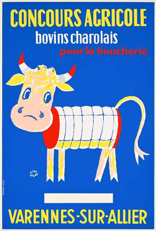 A poster of a cartoon cow on a blue background