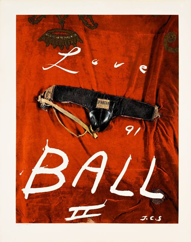 A poster of a leather penis lying on red fabric with white lettering over top of it