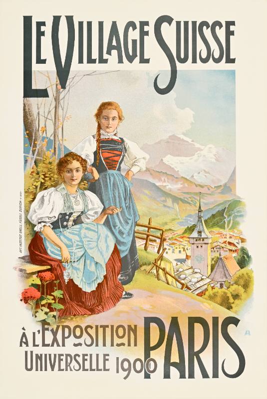 A poster of two smiling white girls with blonde hair in traditional Swiss dress