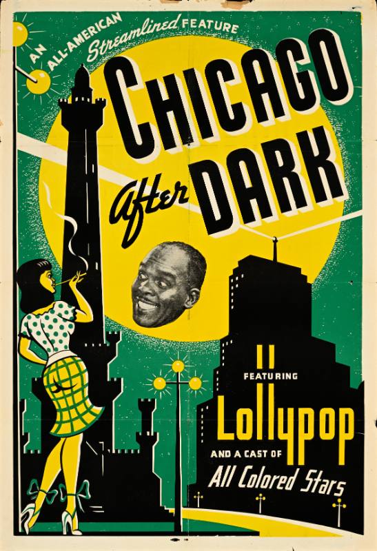 A poster of a Black woman smoking in front of a nighttime skyline with a Black man's face smiling down from the sky