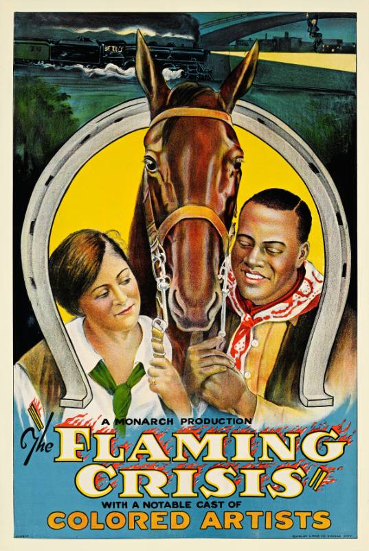 A poster of a smiling Black man and White woman holding the reins of a brown horse