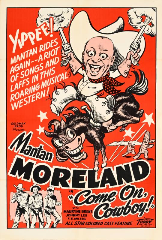 A poster of a cartoon cowboy riding a bucking horse on a red background