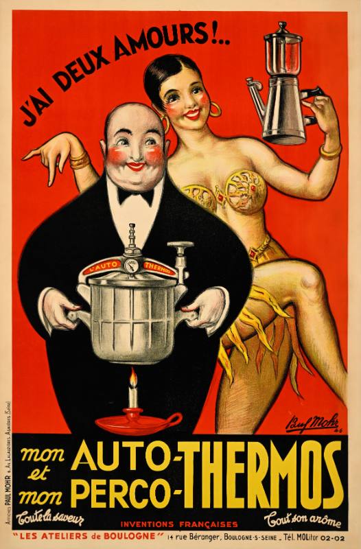A poster of a Black woman dressed as a dancer posing behind a white man in a tuxedo holding a metal kettle