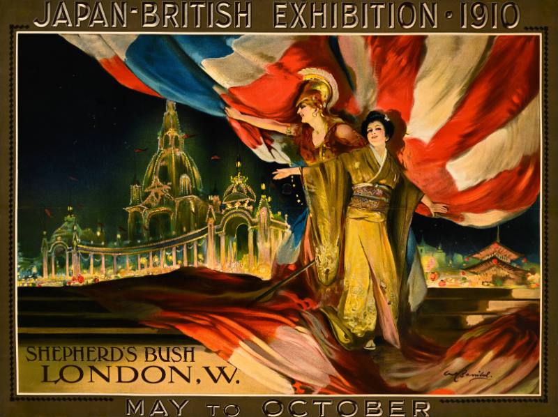 A poster of a white woman and an asian woman holding their hands out in front of flags