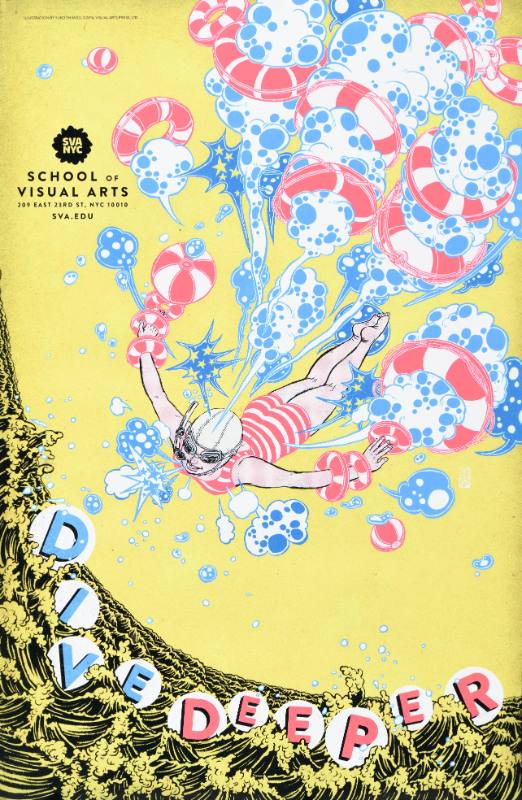 A poster of a cartoon diver soaring downwards towards bubble letters