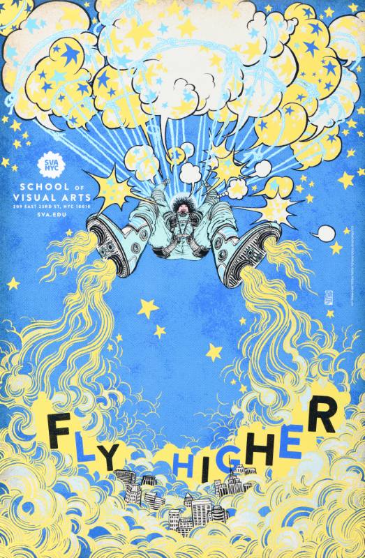A poster of a cartoon skydiver jumping upwards away from bubble letters