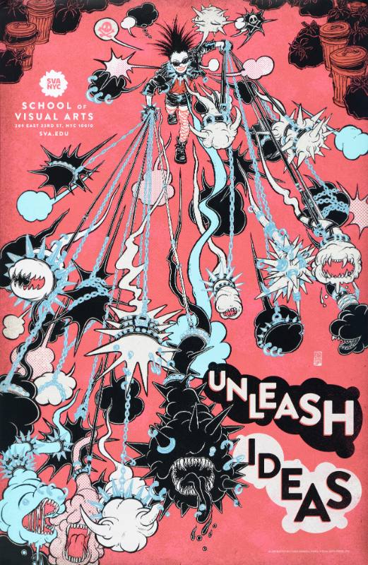 A poster of a cartoon woman with chains coming out of her hands above bubble letters