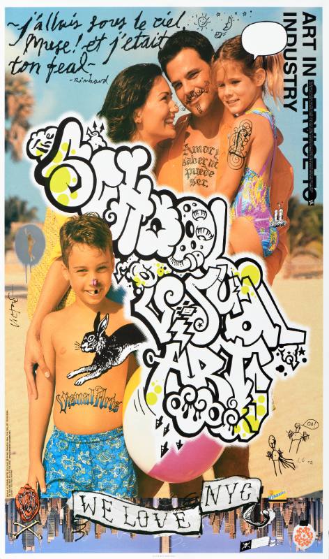 A poster of graffiti covering a portrait of a family at the beach