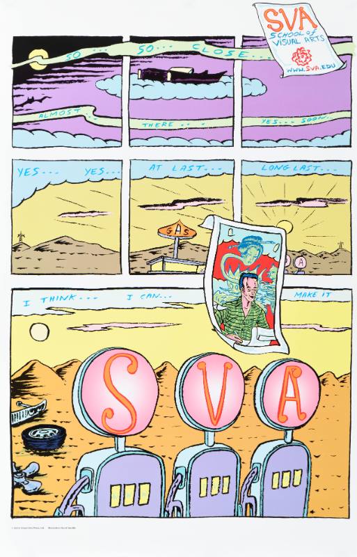 A poster of a cartoon strip of a man surrounded by aliens driving towards a gas station