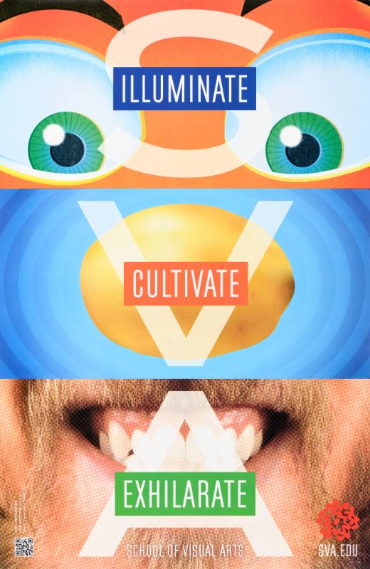 A poster of a close up face split into three segments with cartoon eyes and a potato for a nose