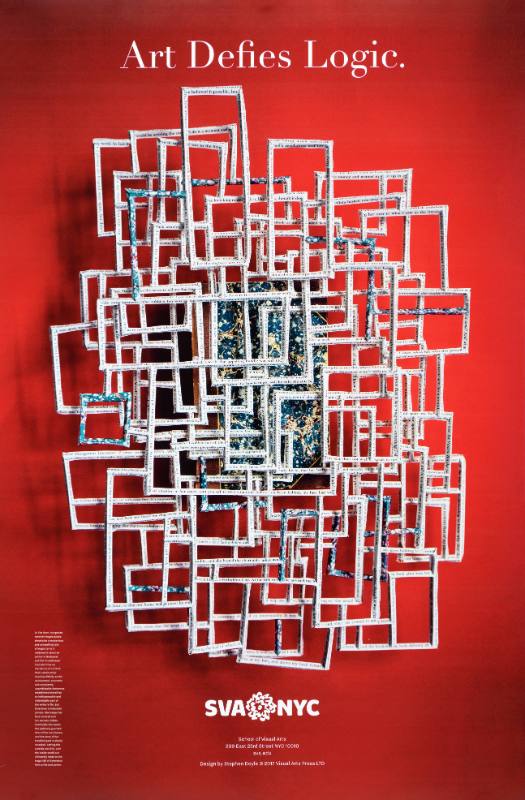 A poster of a maze made out of strips of paper on a red background