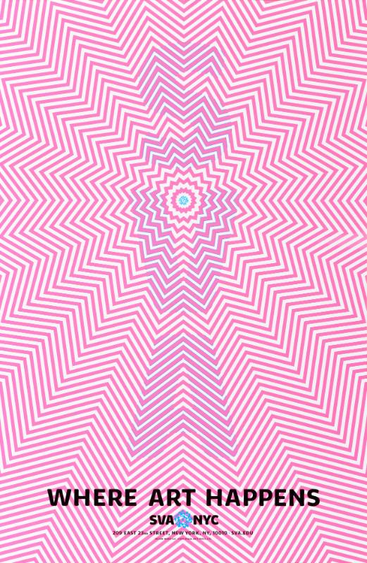 A poster of a neon pink geometric patern in the shape of a radiating star