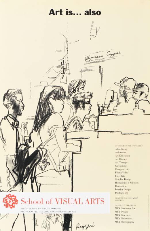A poster of a handdrawn sketch of people ordering coffee