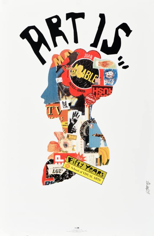 A poster of a silhouette of a head made out of collaged drawings, prints, and ephemera