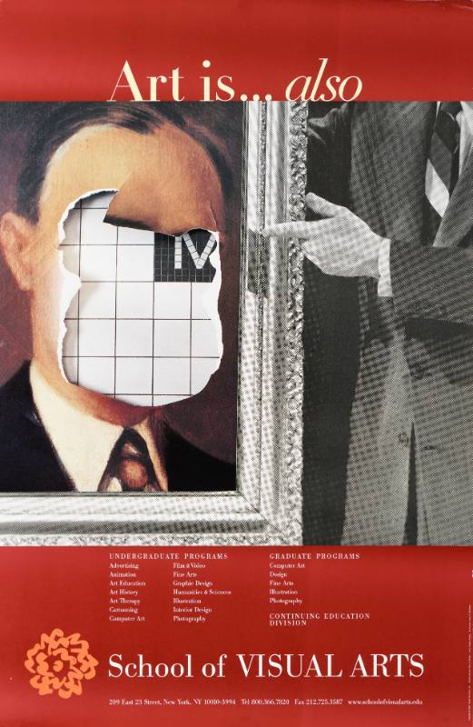 A poster of a man pointing to a painting of a white man with the face torn away to reveal subway tile