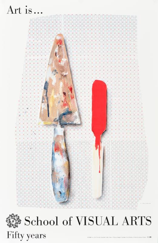 A poster of a paint pallete and a stick covered in red paint