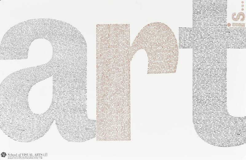 A poster of big letters made out of red and black text