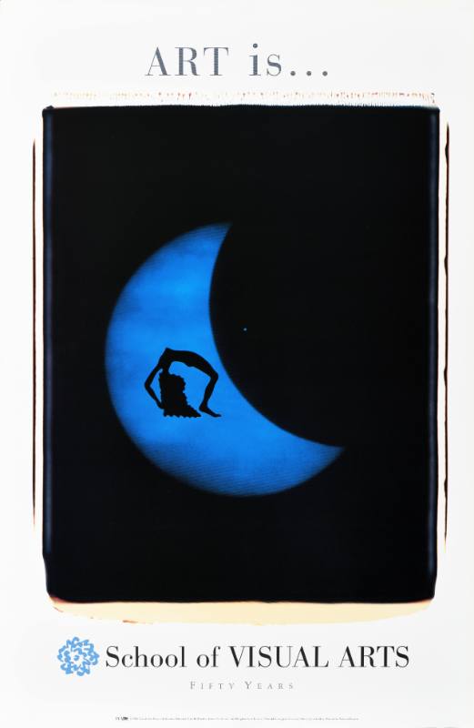 A poster of a blue moon with the silhouette of a man doing a back bend inside it