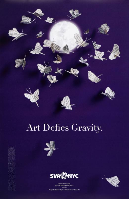 A poster of moths made out of sheets of printed paper flying in front of the moon