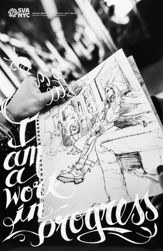 A poster of a hand drawing a woman sitting on the subway
