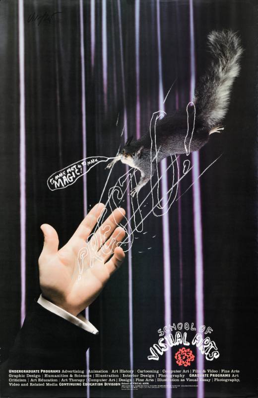 A poster of a squirrel reaching towards an outstretched hand