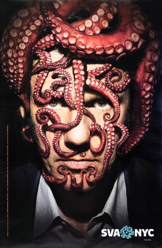 A poster of a man with tentacles forming letters on his face