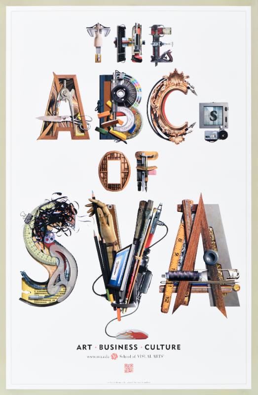 A poster of letters made out of art supplies