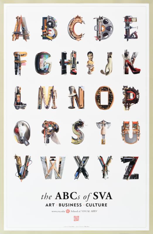 A poster of letters made out of art supplies