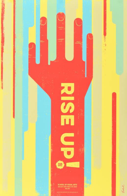 A poster of a red hand reaching up towards multicolored stripes