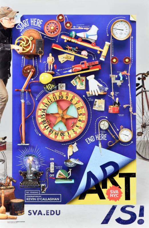 A poster of a maze made out of toys with white text labeling it with arrows