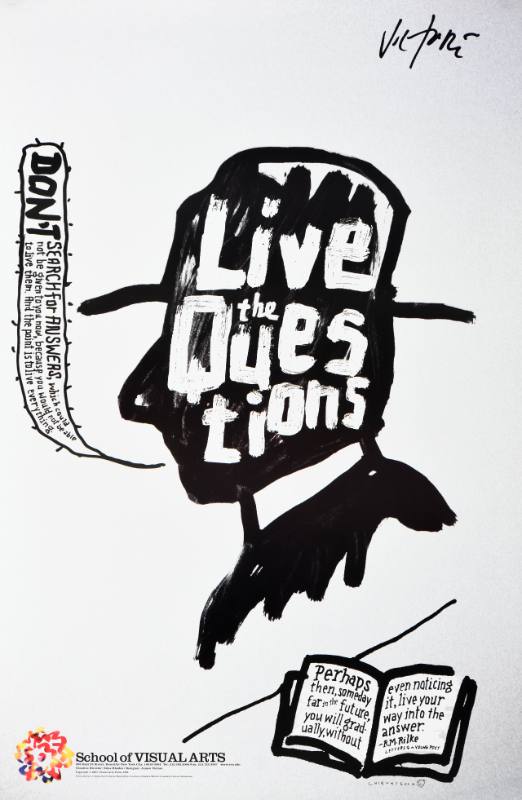 A poster of a man with a hat with hand painted white text inside of him