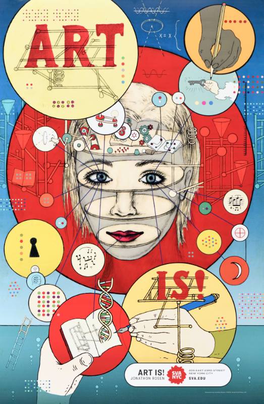 A poster of a woman's face covered in drawings of scientific diagrams